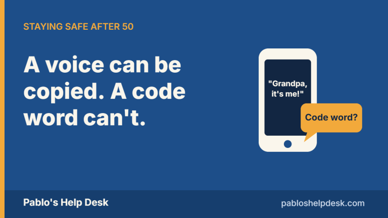 A phone showing a call that says "Grandpa, it's me!" with a speech bubble asking "Code word?" Headline: A voice can be copied. A code word can't.
