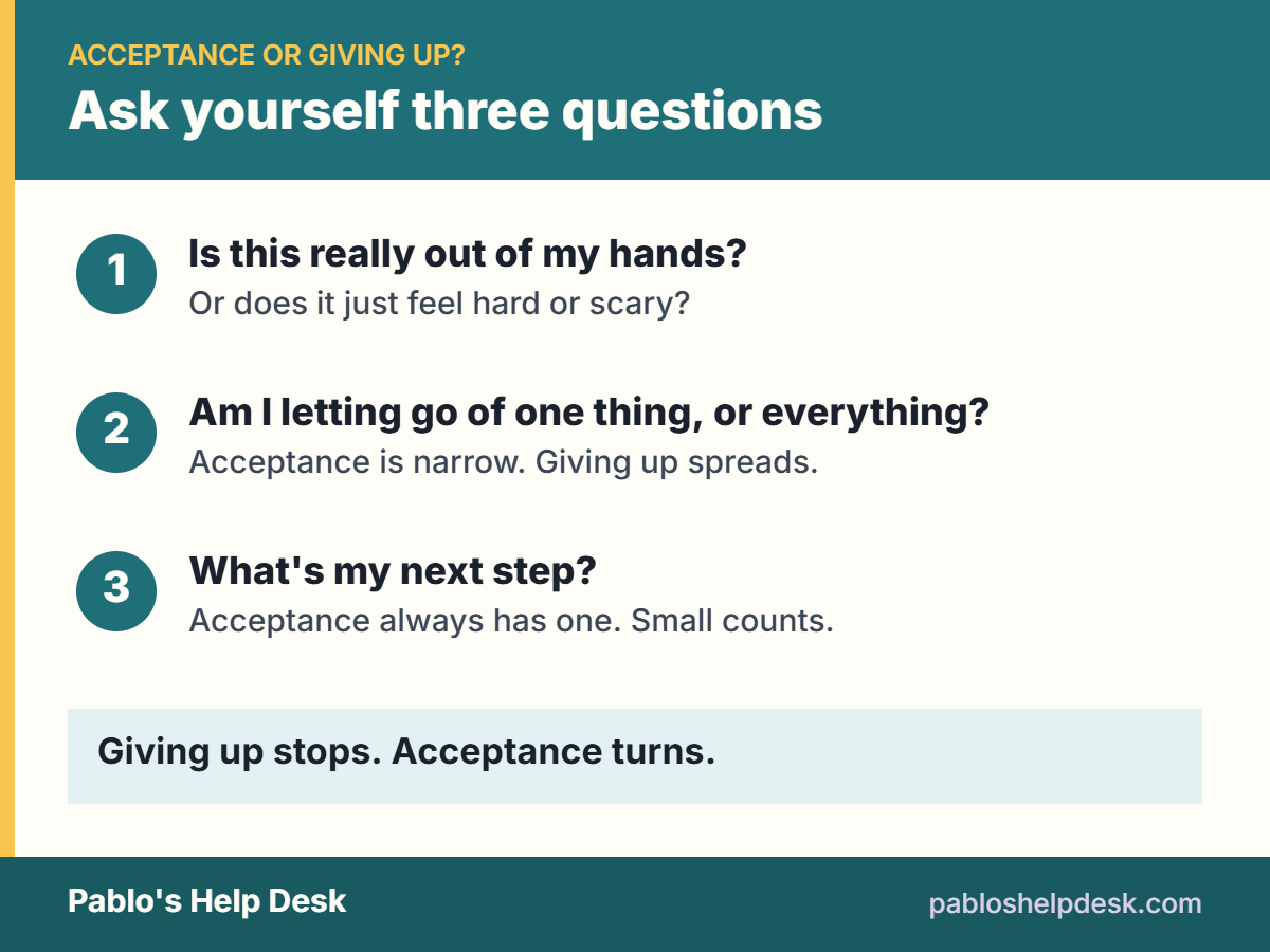 Acceptance or giving up? Ask yourself three questions: Is this really out of my hands? Am I letting go of one thing, or everything? What's my next step? Giving up stops. Acceptance turns.